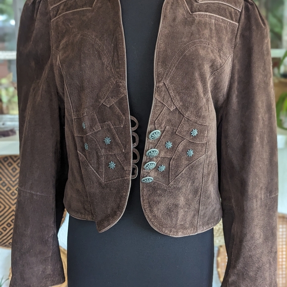 Authentic Vintage Landhaus Suede Leather Blazer Dirndl Tirolean Folklore Lg - Picture 3 of 16